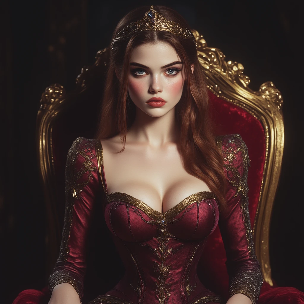 Girl, scarlet red and gold dress, topless, scarlet red hair, tiara, glove, chokes, scarlet red long sleeves, scarlet red veils, ear wear, detailed hand, oval face, detailed face, smile, picture form top to knee, sexy pose, large breasts, fair skin, look at camera, camera from top, detailed, night, warm lighting, forest background, photorealistic, best quality