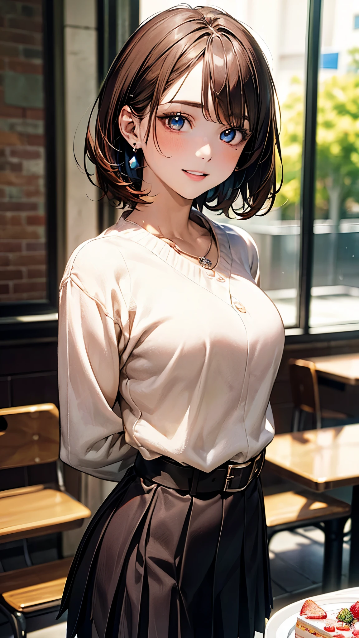 masterpiece, best quality, highres, 1girl, solo, bangs, blush, light makeup, glossy lips, highly detailed, illustration, aichan, blue eyes, short brown hair, side braid, large breasts, (white fishnets)