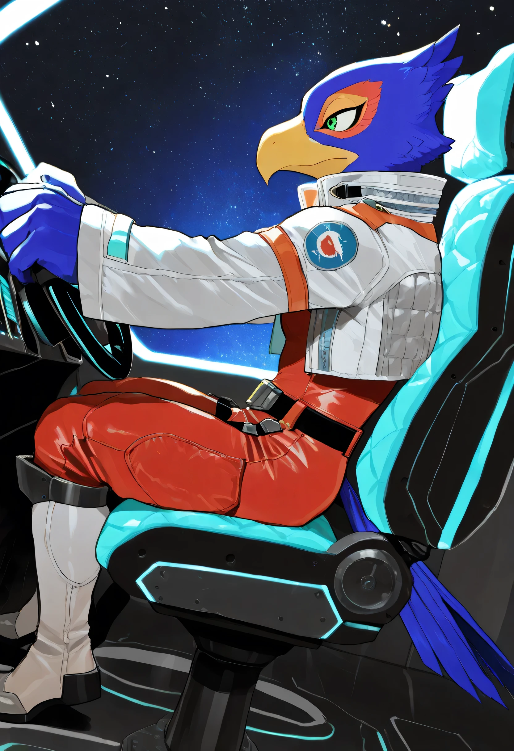 soft shading, 4k, hi res, detailed face, detailed, Best quality, masterpiece, detailed anatomy, detailed eyes, perfect shading, by K0BIT0WANI, by Bebebebe, by Buta99, by Anhes, solo male, Falco lombardi, blue feathers, tail, green eyes, white space jacket vest, red bodysuit, black belt, high boots, sitting in the chair, piloting the ship, hands on the wheel, side view, in the spaceship