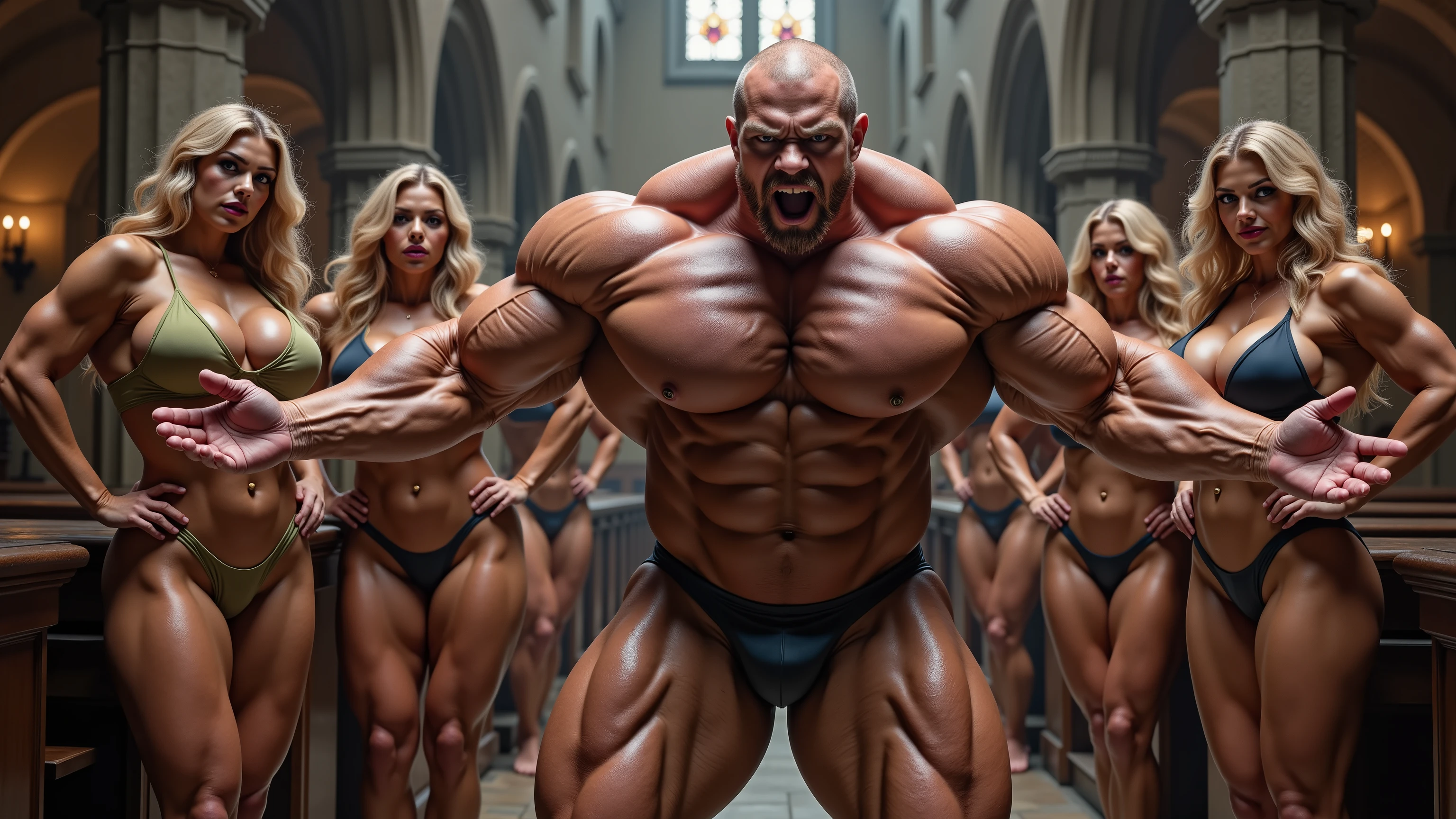 a bearded man standing on a stage with a man in a suit, Chris Evans as a bodybuilder, Tom Cruise torso, muscular joe biden, what figure, muscular!!, Ryan Reynolds as a bodybuilder, exaggerated muscular physique, full body standing Tom Selleck, exaggerated physique, Schwarzenegger, absurdly muscular physique, with the body of Billy Herrington
