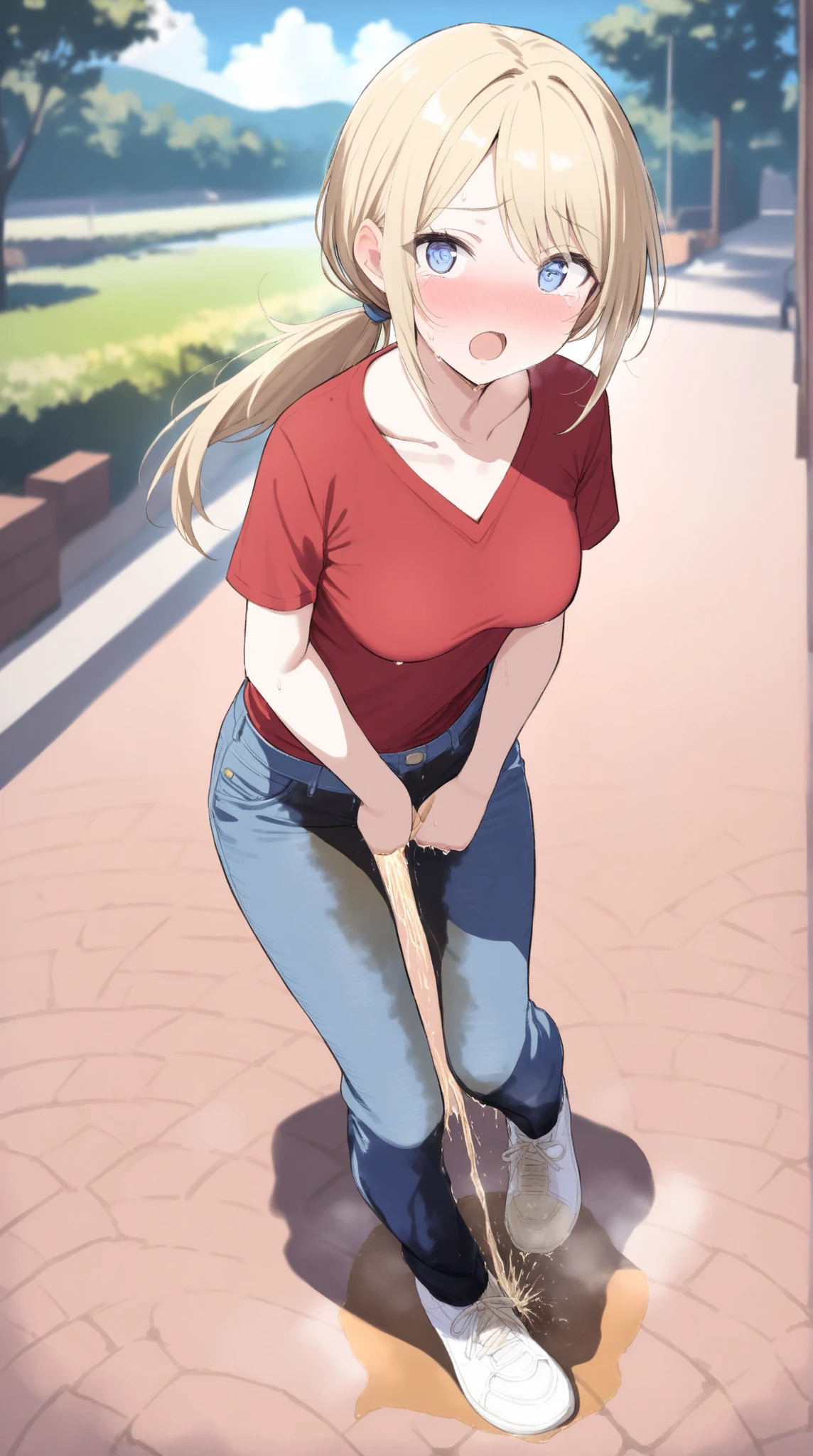 1girl, youthful female, blue eyes, long hair, low ponytail, blond hair, soft make-up, (lactation), medium breast, skinny body, (wetting herself), (desperation), large wet pee stain, pee stain visible on her pants, (blue pants, denim skinny pants), red t-shirt, short sleeves, v-neck, white sneakers, looking at viewer, outdoor setting, :O, full body, Fashion photography, masterpiece, best quality, high score, great score, absurdres