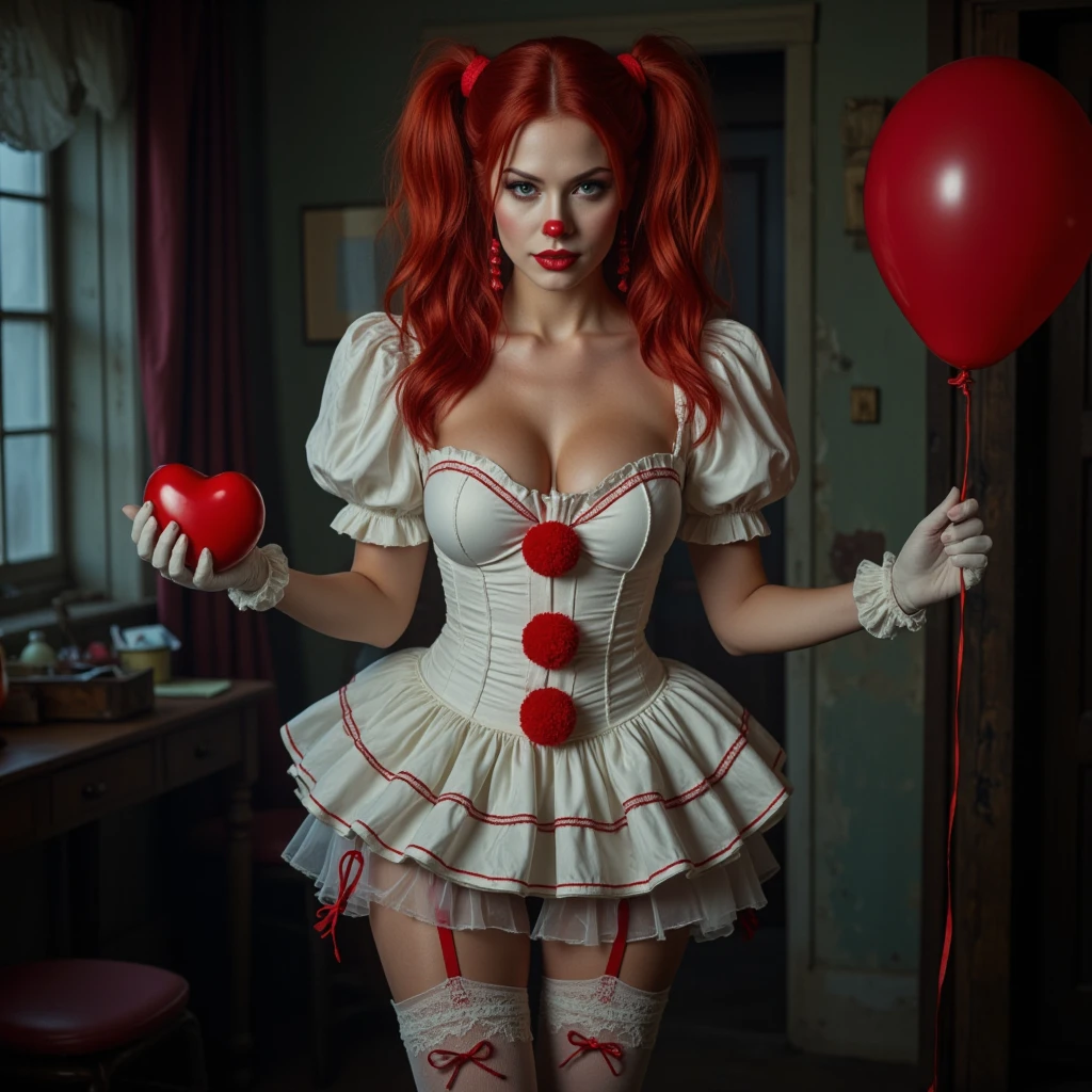 (masterpiece, 8K, UHD, RAW), a sexy girl kissing a evil clown in bed, (((a beautiful young woman riding on top of one huge horrificclown with a red nose))), (she rides the male Clown with lustful femininity), her beautiful body is covered by a sheer translucent white tunic with Art Nouveau embroidery, big sexy perky breasts, her pristine delicate features contrasts with the horrendous menacing fangs of the corrupted male clown, full body vibrant illustrations, intricately sculpted, realistic hyper-detailed portraits, queencore, depicts real life, the scene happens in a luxurious Art Nouveau boudoir with studio illumination