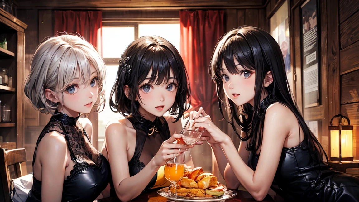((masterpiece)), (best quality half body), packs of female with her couple of friends holding a bottle of beer, they are cheers, sitting in a row, (long_ponytail wavy tip pink color haircut with hair over one eye:1.3), silver color straight hair, brown color bob haircut, detailed beautiful eyes, detailed gorgeous face, perfect anatomy, dynamic pose, intricate details, wearing spaghetti-strap black dress, surrounded by friends, in a restaurant, PIXIV, krenz cushart,
anime,