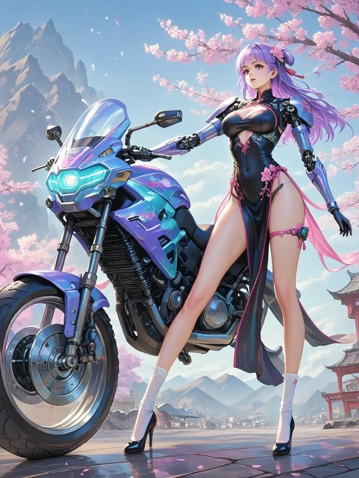oscuro_fantasy, cyberpunk, (sierra de cadena, mujer muy sexy de sierra de cadena, rojo: 1.1), 1mujer, Mechanical Marvel, Robotic presence, Cybernetic guardian, with a worn biomechanical suit, intrincado, (metal de acero [Oxidado]), elegante, enfoque claro, disparado por greg rutkowski, soft illuminaotion, colores vibrantes, obra maestra, ((calle)), Disparo de vaquero, dynamic  pose, ciber casco