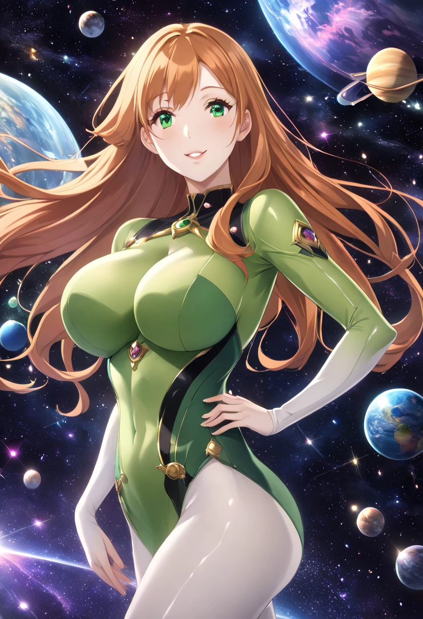 masterpiece, HD, best quality, kawaii, sparkles, stars, anime, 1 girl, anime girl, big breasts, hourglass figure, cleavage, wide hips, tight fitting clothes, green outfit, green eyes, pale skin, galaxy background, beautiful, long ginger hair, ginger hair girl, long hair, soft lips, gentle hands, delicate but dom, small waist, massive breasts and hips, galaxy, random expression, random gesture, anime style face, great definition, high quality, stars in background, stars around, unreal, ethereal
anime