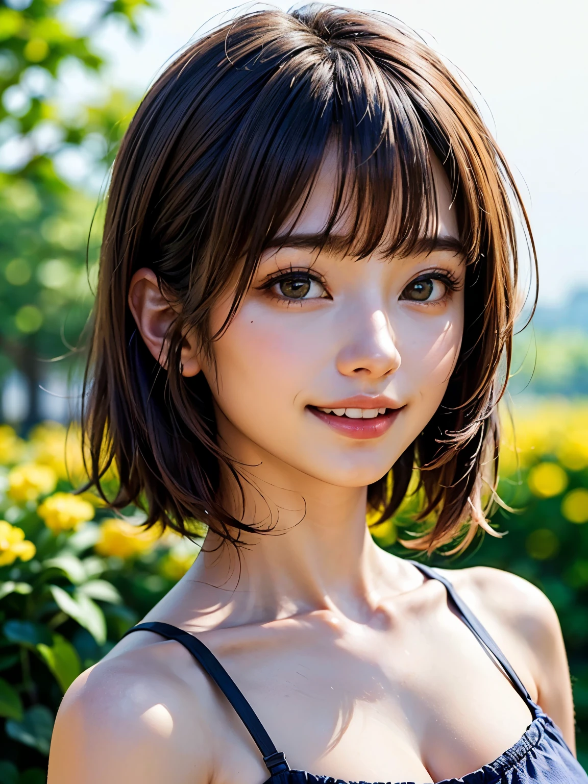 (8k, RAW Photos, highest quality, masterpiece, Realistic, Realistic), (1 female), (Ultimate beauty), Highly detailed face, (Perfect Teeth), Beautiful Eyes, double eyelid, eyelash, smile, Lip details, Brunette Bob, The light shines on your face, Big Breasts, ((T-Shirts)), (Tight mini skirt), (background: underground), ((Written boundary depth))