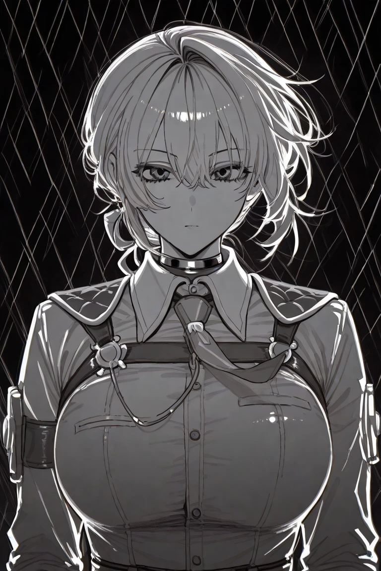 (absurdres, 8k, 4k, masterpiece, hyper extreme detailed:1.2), solo, 1girl, front view, portrait, best quality, perfect face, 1girl, portrait, solo, standing, Female, toned body, mature female, EJP breasts, , long hair, extremely detailed, hair over one eye, delinquent, sarcastic, swept bangs,gag, bitgag,standing up, , prison, (Futuristic, severe), woman wearing a straitjacket, white straitjacketwhite rough hair,Full body restraint,lap belt,gagged,bitgag, Restraint belts here and there ,arms bound, Confined,Red face, prison( Woman in the center of the room),in the jail,(arms behind back:1.5),dark background ,the viewer is holding her on a leash, leather collar, padlock, leather leash, submissivethe ,viewer is holding her on a leash, stroll_with_girl,stroll_with_priponer,viewer is holding her on a leash,(Chain leash, collar, Viewer Holding leash:1.4)