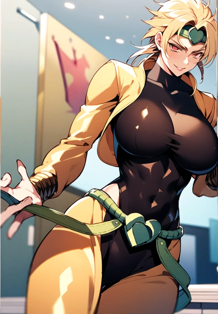 Jolyne, blonde hair, medium breast, ((torn clothes: 1.3)), standing, looking at the viewer, country background, wearing shirt, shorts and things, ((her clothes are torn making her nipples and vagina visible)), embarrassed expression, (torn clothes: 1.2), anatomically correct, (smiling expression), vagina visible , ((hourglass body))