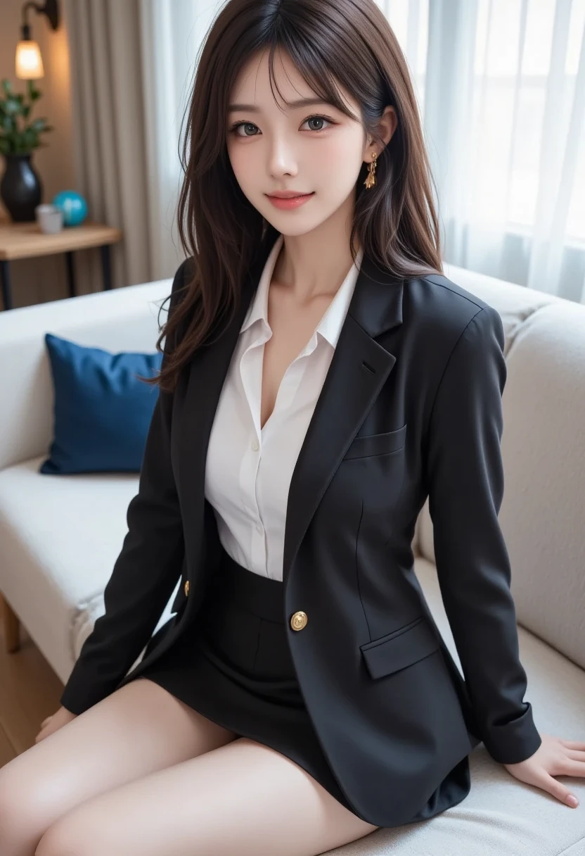 best quality, masterpiece, 1girl, Beautiful face, (photo realistic:1.3), rim lighting, (high detailed skin:1.2), 8k uhd, dslr, high quality, high resolution, 4k, 8k, Bokeh, absurdres, best ratio four finger and one thumb, (realistic:1.31), cute 1girl, only wearing black formal blazer, (The front of her blazer was open and not wearing a shirt:1.319), (huge breasts, breasts cleavage opened:1.32), short skirt, hyper sharp, sharp focus, K-pop idol, J-pop idol, Italian woman, sitting on work desk, (Her legs were spread apart and her G-string panties were visible:1.33), (European youth:1)