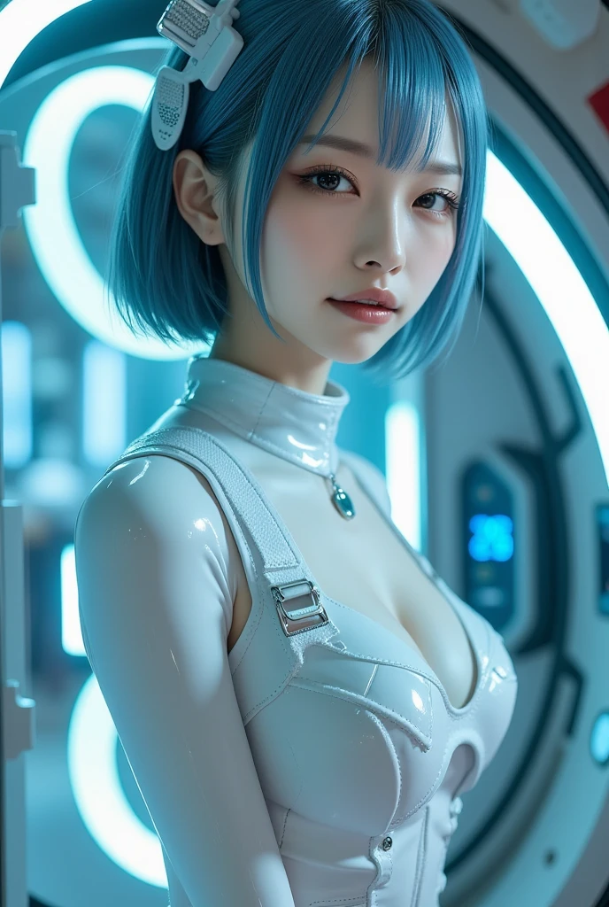 representative work,NSFW1.1,((whole body:1.1))))), (actual),photography, best quality, 1 female,((High))),ear folds,(((Rei Ayanami, Plug set 00))), (((Red eyes,漂亮的Face蛋, beautiful eyes))))), (((可爱的Face孔)), Moist eyes, Face,细节Face, Lip detail, delicate eyes, (thin, pointed eyebrows, long eyelashes), double eyelids, (seductive smile), (gentle look, fleeting expression))),(Turning Pose), (rubber suit with a strong meHighic luster and smooth surface), ((((sexy tight meHighic shiny latex suit)))), (There are two thick black lines from thigh to buttocks)))), from the bottom, (upright), (camel), (Smooth body lines)), light color short hair, (((Eyebrows are white and thin)), beautiful hair, (big round breasts), The small logo pattern on the chest is zero, Mecha suit, elongate waist, White skin, ((midnight starry sky background, Big full moon in the background, Futuristic city skyline in background)), (Face and eye details: 1.1), , blush, (Shy)), Very delicate and beautiful girl, The small logo pattern on the chest is zero, eternal, (((Close legs)), (to8 contrast style), small egg-shaped psychological receptors on the sides of the head