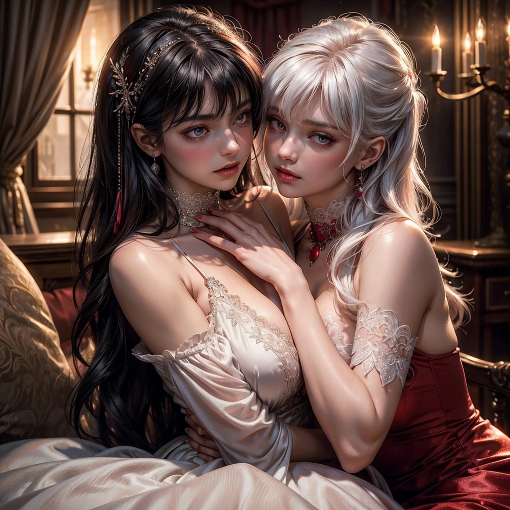 (best qualityer,Ultra-realistic:1.2),A high resolution ,ultra detali, a young French courtesan of the fourteenth century, de , beautiful woman in exquisite black and red costume ,Fine Jewelry, like pearls and rubies. pale skin, Curly silver hair with small strands, beautiful expressive blue-gray eyes ,beautiful detailed lips,, Beautiful and elegant and delicate personality.