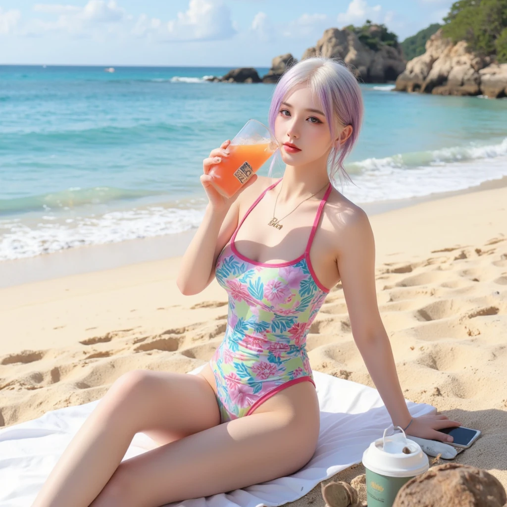 Light pink hair, blue eyes,  blue sky, Vibrant colors, Colorful floral swimsuit 、splash, Light Racing, Wavy long hair、splash、Light of the sun、Braiding、Sandy Beach, alone,8K,Movie Scenes