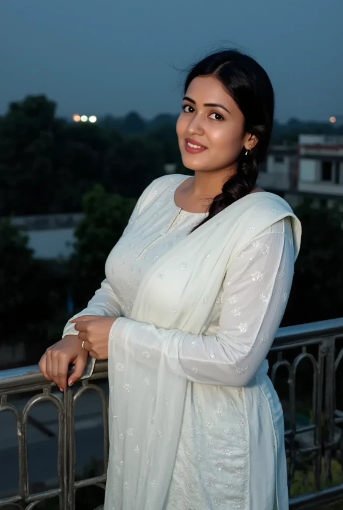 Midnight, waiting, Beautiful muslim indian chubby plump mature housewife standing on balcony, leaning back on iron railing, wearing white sleeveless salwar, white sher scarf pallu, building in background, horizon, sky, trees, road, Busty, wide waist, hourglass voluptuous figure, curvy, Come hither eyes and a mischievous smirk, sweaty, cotton fabric, matte finish fabric, highly detailed texture, detailed intricate pattern print, sunlight on hair ,High Resolution, Award Winning, High Details, Large breasts, Depth Of Field, Chromatic Aberration, shoot from above 