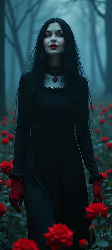 Vampire girl with chocolate brown eyes and long dark brown hair and she doesn't have bangs. She's slightly eerie and against the backdrop of the dark forest. Small eyes and small heart-shaped lips. The girl is covered in blood. It's in the style of goth and tim bertchen.ukiyo-e,