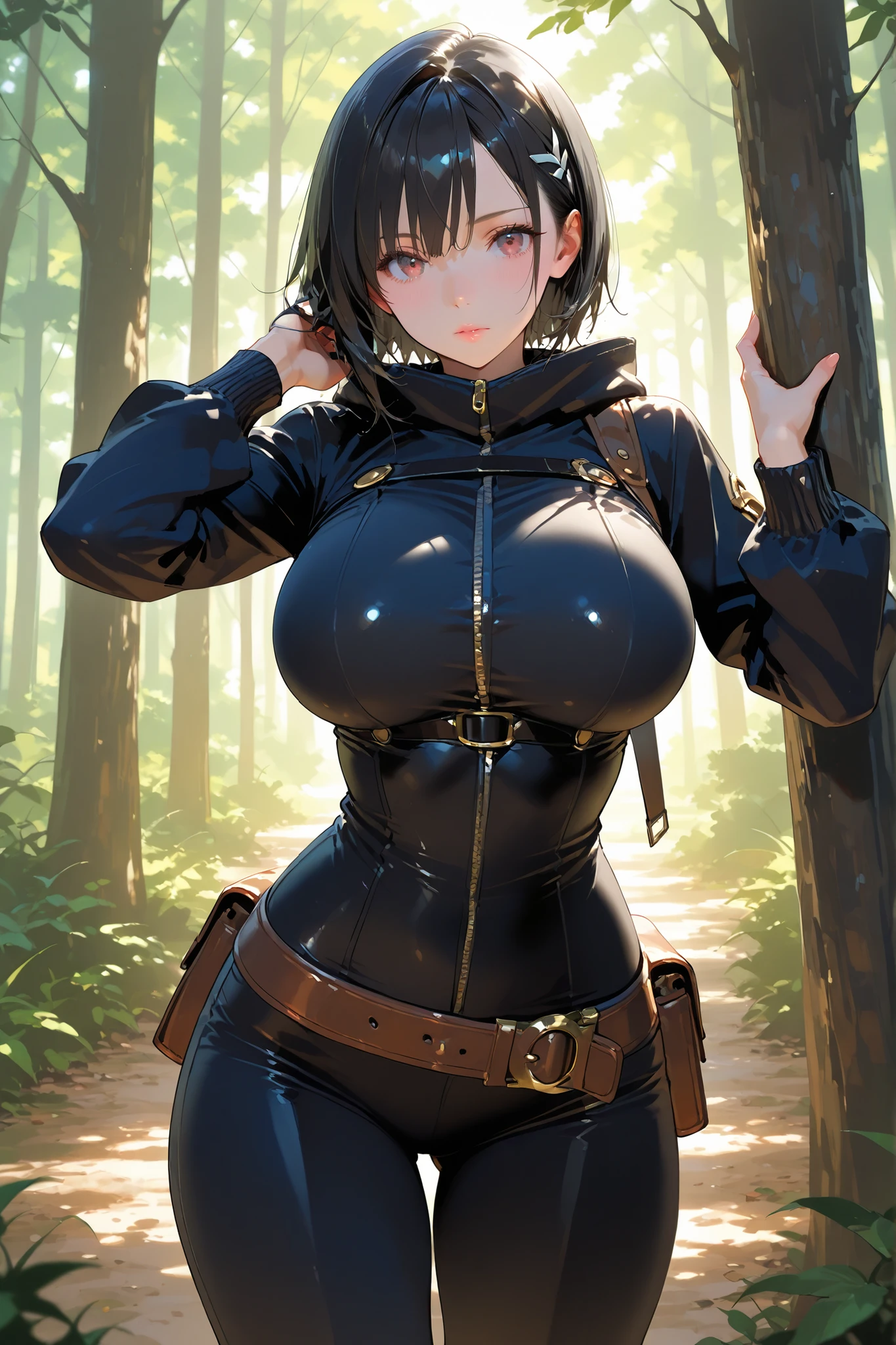 beautiful detailed 25 years old female japanese, wearing Ninja Attire: Stealthy and practical clothing with a hood, mask, and utility belt, beautiful face, shiny white skin, black hair, slender, ultra large saggy breasts, massive cleavage exposed, deep forest background
