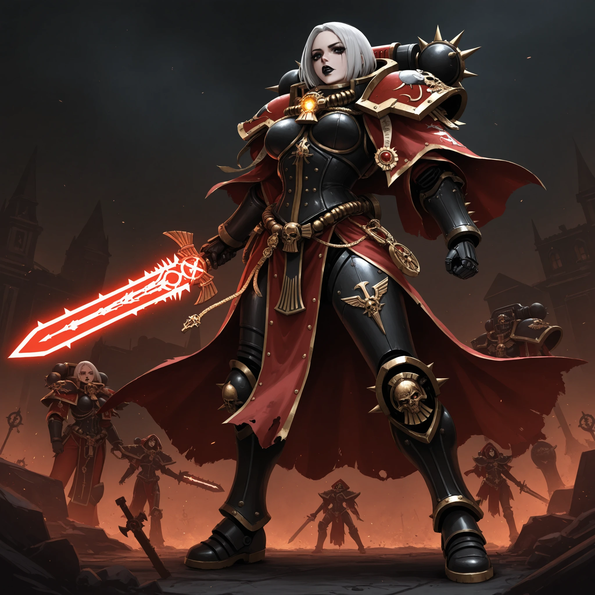 a muscular Adepta Sororitas with short length messy middle parted hair, black lipstick and black eyeliner, goth look (Spiked hair), full body weilding a glowing power sword warhammer 40k battle pose, has one robotic leg