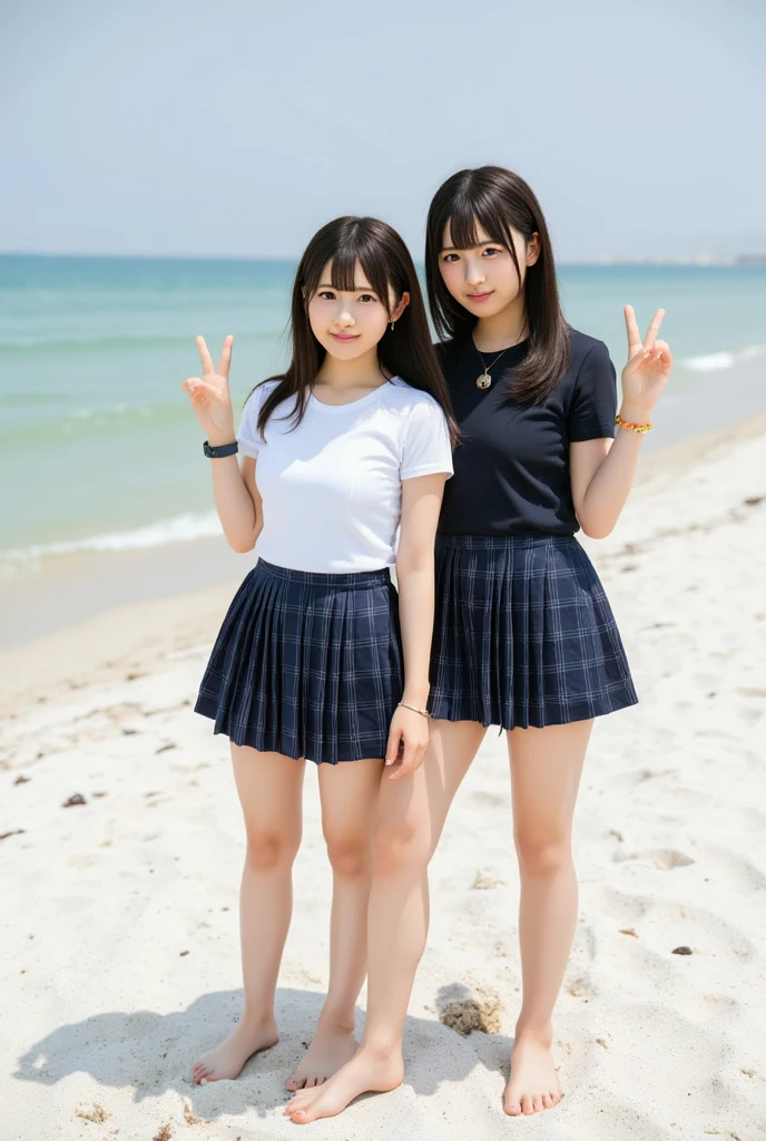 teens girl，short  skirt，tee shirt，Black socks over the knee，Big chest，dual horsetail，byself，Walk on the beach，legs long，Smooth skin，Smile at the camera，Put your hands behind your back，Cute youth，The skirt is short and shows the butt --auto