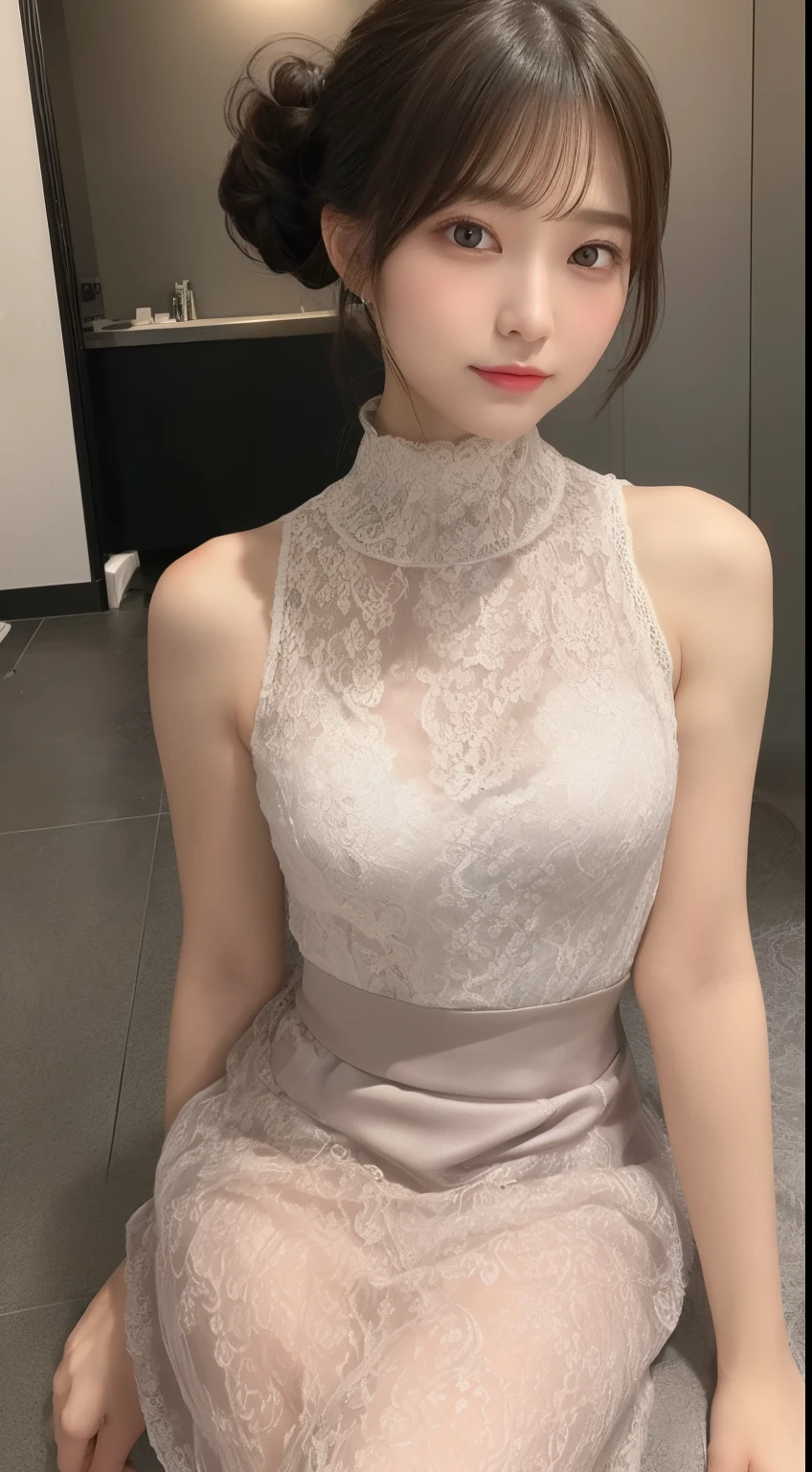 Female Adventurer, whole body, Game Art Style, (masterpiece), Highest quality, High resolution, 4K, 8k, Detail View, Intricate details, Cinema Lighting, Great quality, 1 person、Elegant red and white lace style dress、A red and white line dress made of intricate and artistic lace、Pretty dress、Super Luxury Dresses、Beautiful black hair, Great Shade, Soft lighting, To the camera, Perfect Eyes