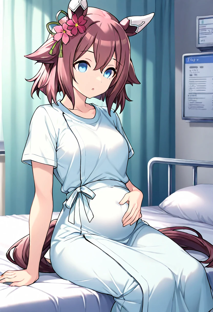 Pregnant woman, lying on bed, wearing underwear, bedroom background with pink window, and blue pillow