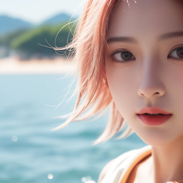 close-up,1girl,pink hair,white dress,Beach background