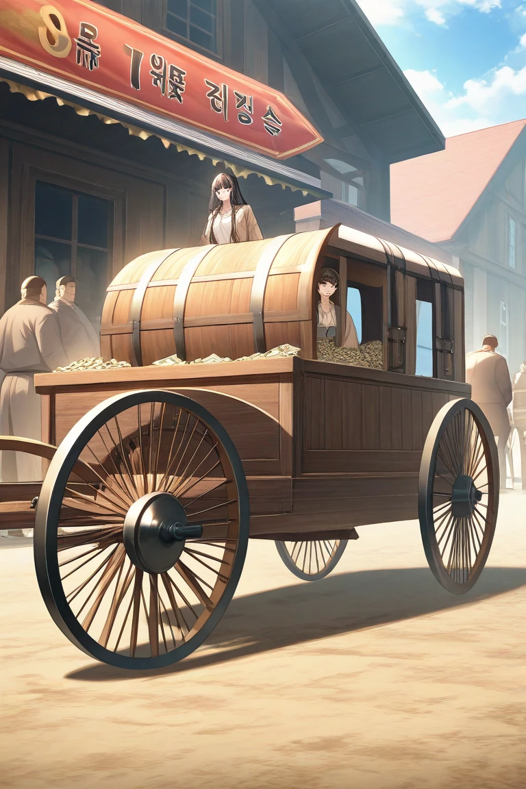 game banner, A group of fat merchants on the road , Next to the scenery, Hang money bags, was next to a horse-drawn carriage carrying treasure chests, Manhwa Style