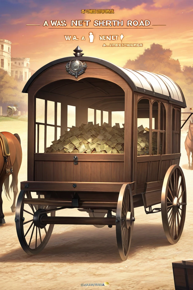 game banner, A group of fat merchants on the road , Next to the scenery, Hang money bags, was next to a horse-drawn carriage carrying treasure chests, Manhwa Style