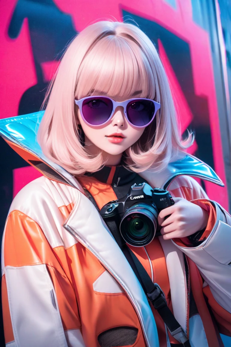 best mobile wallpaper,award - winning wallpaper,Photo photography,Front view of a cute dog,Dressed in mid-1960s space-age fashion,Side view photo,shot with Canon EOS R5,Set a strong contrast to make the subject stand out,Fluorescent blue,Wearing a very modern coat and sunglasses,It's a modern 1960s style,All clothes are one color,Beautiful background