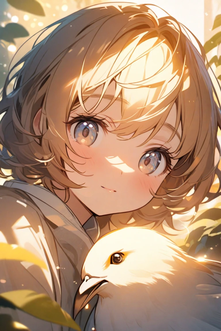 A charming close-up portrait,Showing a beautiful bird,Illuminated by soft golden light on a quiet morning,The bokeh ball gently frames its petite body
