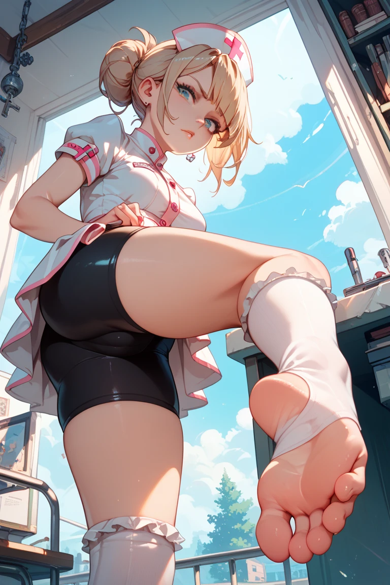 a girl,maidennurse,sitted,Frill socks,Viewpoint from below,soles of feet,embarressed, bike shorts ,Pouting your lips,Toeless wear ,Cross wear,masterpiece,Best quality,No censorship