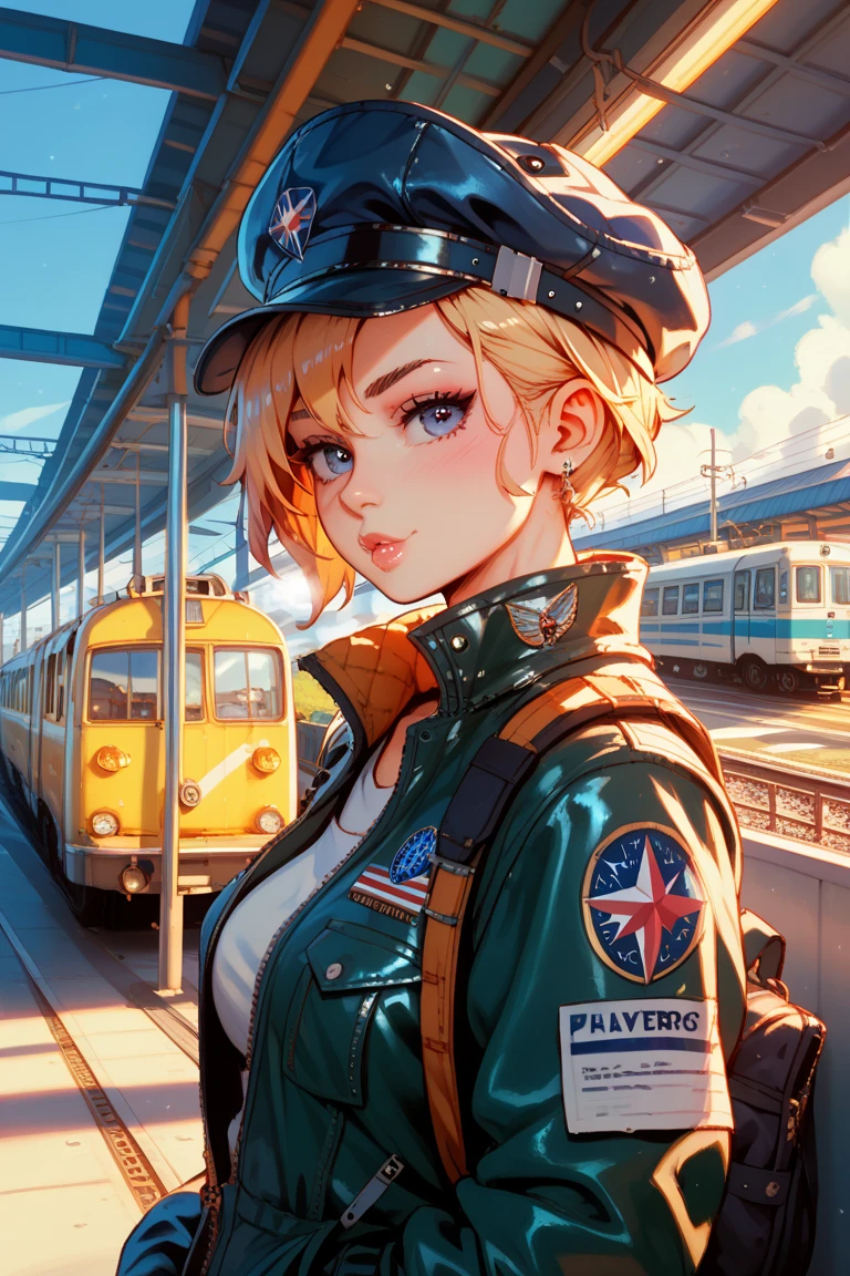 1 girl ,  pilot cap ,   alone,   steamy punk, Train station,  , steamy, smokes, masterpiece,  Very Detailed ,HDR,8k resolution, Best Quality,