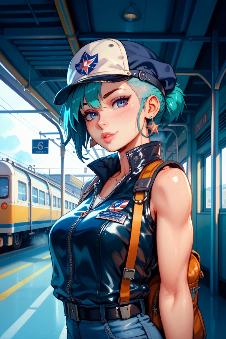 1 girl , pilot cap , alone, steamy punk, Train station, , steamy, smokes, masterpiece, Very Detailed ,HDR,8k resolution, Best Quality,
