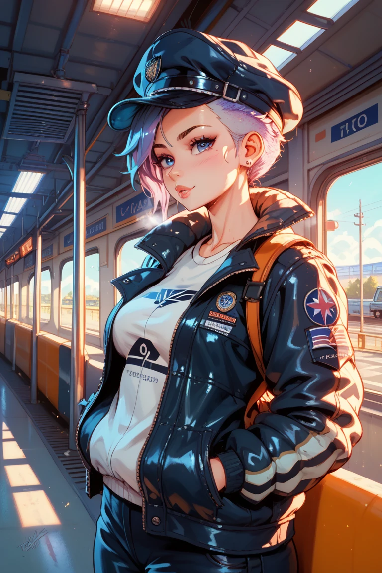 1 girl , pilot cap , alone, steamy punk, Train station, , steamy, smokes, masterpiece, Very Detailed ,HDR,8k resolution, Best Quality,