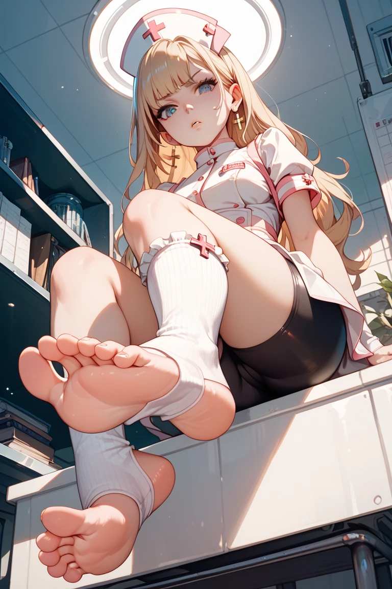 a girl,maidennurse,sitted,Frill socks,Viewpoint from below,soles of feet,embarressed, bike shorts ,Pouting your lips,Toeless wear ,Cross wear,masterpiece,Best quality,No censorship