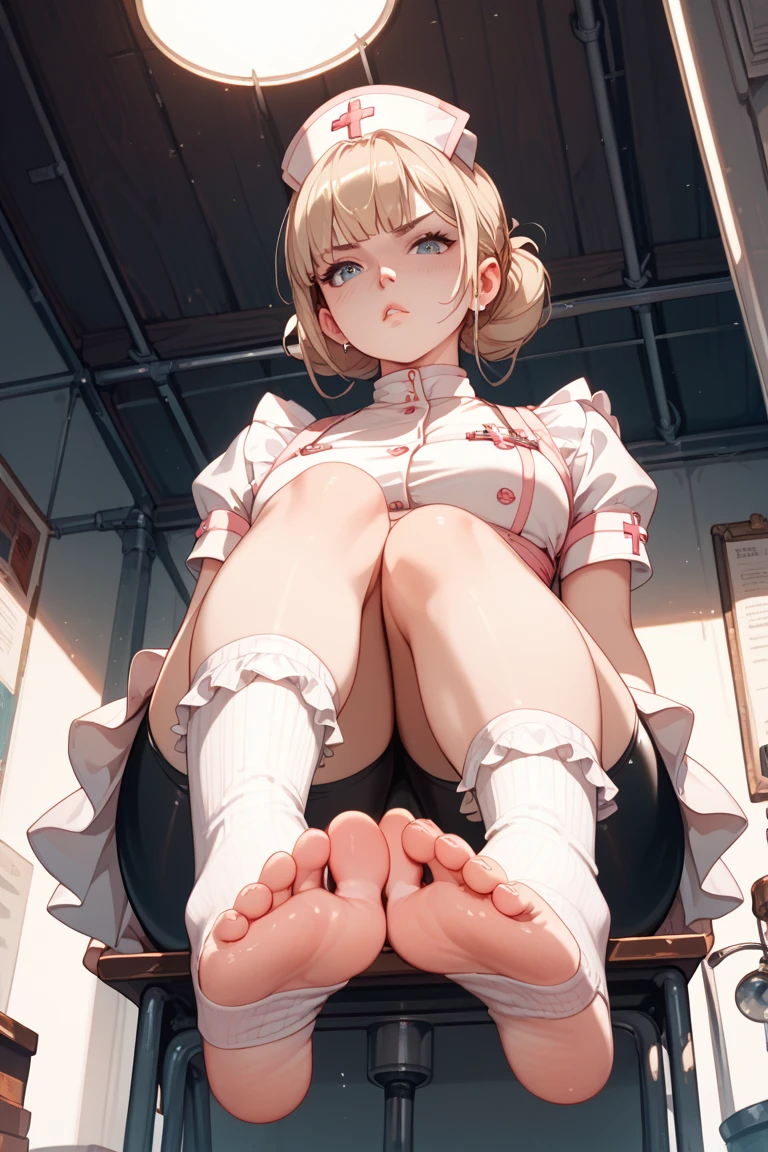 a girl，maidennurse，sitted，Frill socks，Viewpoint from below，soles of feet，embarressed， bike shorts ，Pouting your lips，Toeless wear ，Cross wear，masterpiece，Best quality，No censorship
