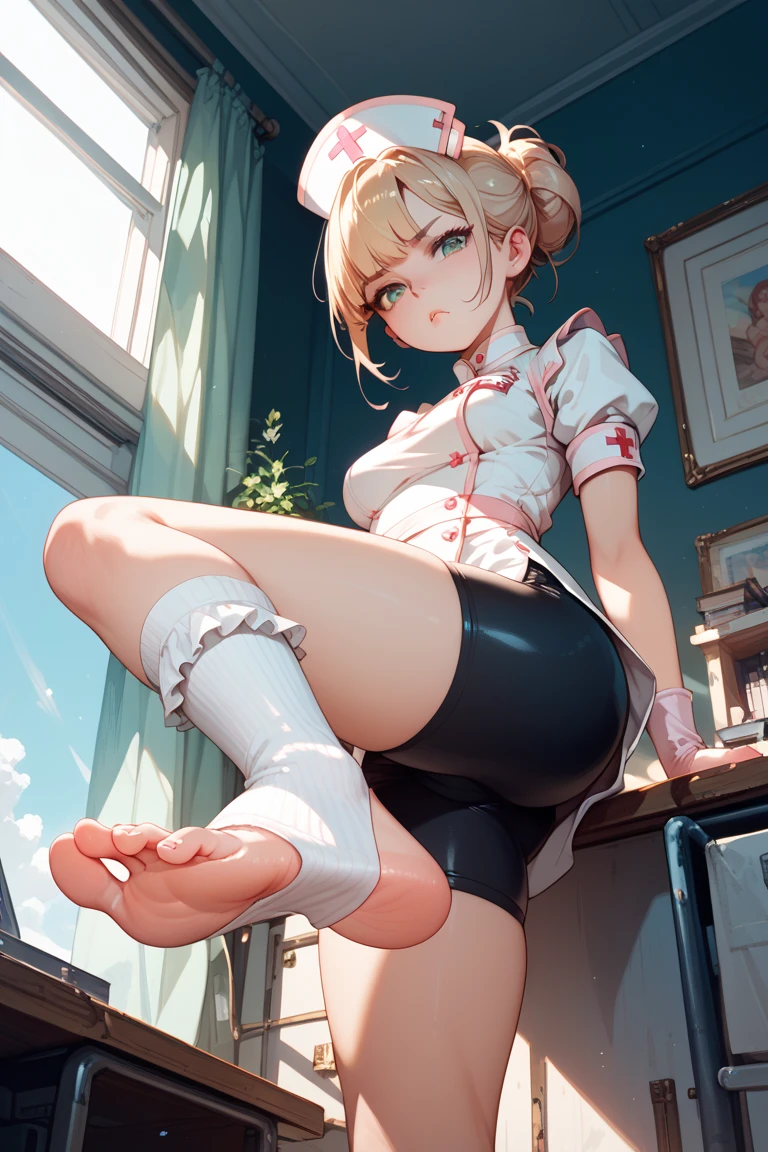 a girl,maidennurse,sitted,Frill socks,Viewpoint from below,soles of feet,embarressed, bike shorts ,Pouting your lips,Toeless wear ,Cross wear,masterpiece,Best quality,No censorship