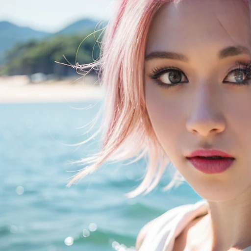 close-up,1girl,pink hair,white dress,Beach background