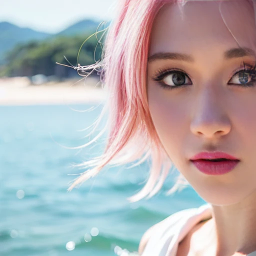 close-up,1girl,pink hair,white dress,Beach background