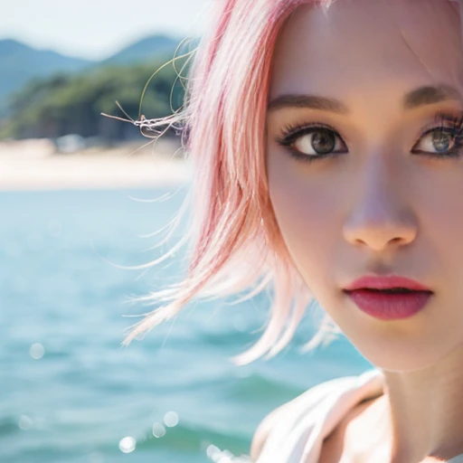 close-up,1girl,pink hair,white dress,Beach background