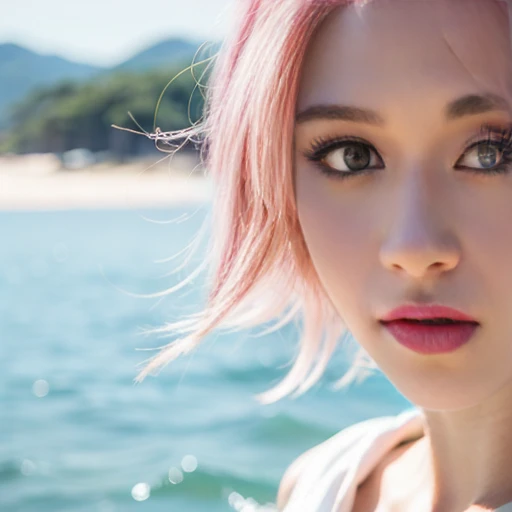 close-up,1girl,pink hair,white dress,Beach background