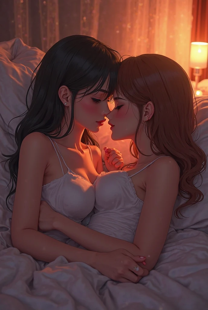 Realistic, (two teen, huge breasts in low-cut crop top of fine sheer fabric with a tiny thong), bright eyes, split lips, blush, in a bedroom,night, beautiful detailed eyes, beautiful detailed hair, cute detailed face, beautiful detailed sensual lips, beautiful detailed slim body, cameltoe,wide cleavage,Image of two teenagers standing full body,Vivid and intense colors, vibrant colors, extreme description of details,anime illustration,anime drawing,Two women sexually intimate