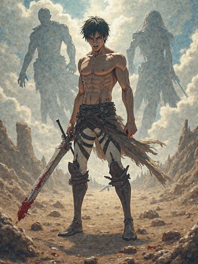 best quality, masterpiece, (realistic: 1.2), 1 man, Eren Jaeger, real life, live action, black jeans, black pants, brown hair, attack on Titan, abs, muscle, shirtless, sunset background, fitness, fit body, slim body, skinny muscles, high definition, high quality, walking, manbun, tied hair, man-bun, loose pants, loose jeans, black jeans