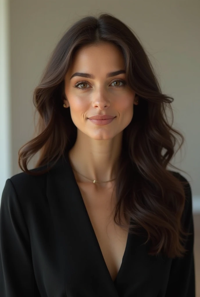 Brunette woman sitting smiling in black outfit