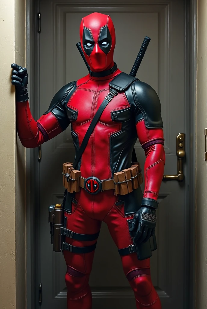 masterpiece, top quality, best quality, highly detailed:1.2), colorful, 1boy, solo, Deadpool, diaper under suit, diaper under clothing, desperate, peeing, purposely, casual