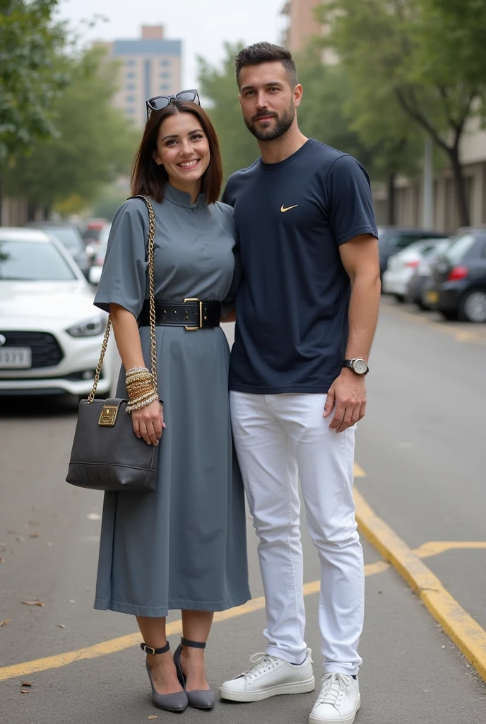 casal branco hetero, homem forte, mulher peito medio, homem peitudo e forte mesmo, num parque aquatico, ambos com cabelo castanho