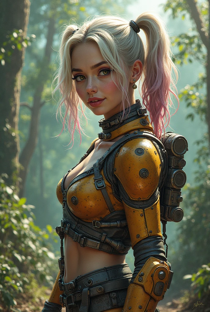 best quality, masterpiece, ultra high res, industrial punk Elf holding a chainsaw, detailed face, one small tear drop shaped gem earrings, long twin tails, transparent raincoat with shirt, short skirt, moody expression on her face, hyper-realistic detail lines, soft edges and atmospheric effects,