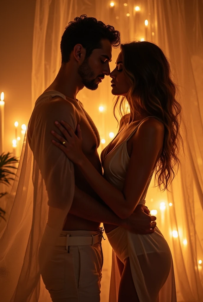 (photorealism:1.2), A naked transparent man, short hair and a naked transparent woman, long curly hair are sitting opposite each other on a comfortable bed, white sheets, both in a cross-legged position, facing each other. His heart chakra and her heart chakra are connected by a golden line of energy in the colors orange and gold. Indoors, soft lighting, candles in the background, cozy room, relaxed pose, realistic, intricate details, warm colors. Tantra atmosphere and sharp shadows.