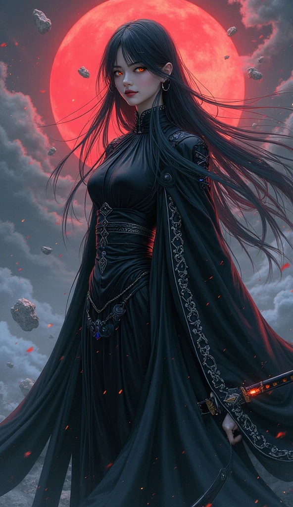 high-quality digital art, wavy long hair, black hair, bangs, straight bangs, windblown hair, glowing red eyes, red eyes, red lips, picture-perfect face, flawless, clean, masterpiece, (((sharp))) ((focus)) (instagram) (8k) masterpiece, beautiful outfit, corset belt, black pants, delicate tracing, gold accents, digital painting, night, dark sky, aurora, highly detailed light, cinematic light, battle ready-stance, high-quality, a digital painting masterpiece, best quality, absurdly high resolution, flames, ruins, swirling magic, detailed background, castle, gothic vibe, moon in the sky, shiny reflection, intricate details, glow, shiny hair, long black hair, lustrous skin, smooth, vampire aesthetic