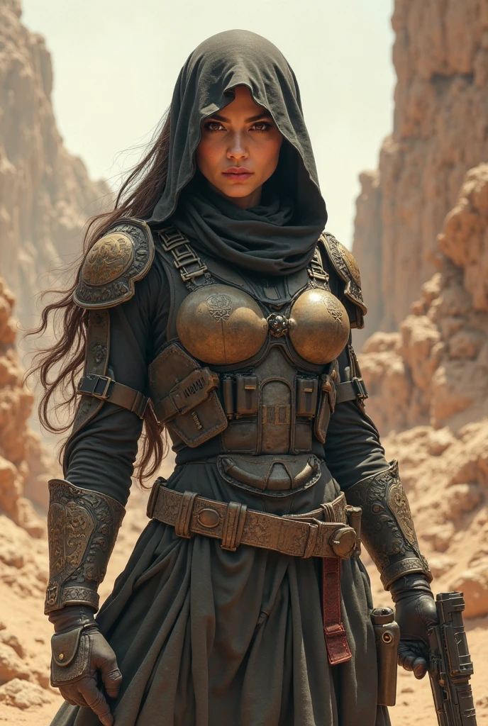 A panoramic view,photorealistic,Cyber Punk Style,blue sky, Endless golden desert,Military base in the desert,3chica,She wears a high-tech black Arabic-inspired burqa(Flour),Dressed in gorgeous, high-tech golden Arabian clothing,Wear a high-tech black headscarf(hijab),High-tech black veil(niqab),High-tech combat gear hangs from the body,Carry a sci-fi rifle,Sci-Fi Saber,Standing in front of a military base,sharp eyes,professional,Meistwick,commissioner,Best Quality,color corrected,After Fixation,retouching,IMPROVEMENT,epic,tone mapping,the detail, Highly detailed, Digital paint, art stations, Conceptual map of the long dam, ADD, sharp focus, Beautiful illustration, phtograph, Rear window light is backlit, dynamic lighting, fog, complex, Cinematographic grain, professional, method al espectador,(Beautiful M3D_women, Perfect M3D_method,), volumetric illumination, subsurface dispersion, Highlights, good shadows, cinematiclight, DERPD,
