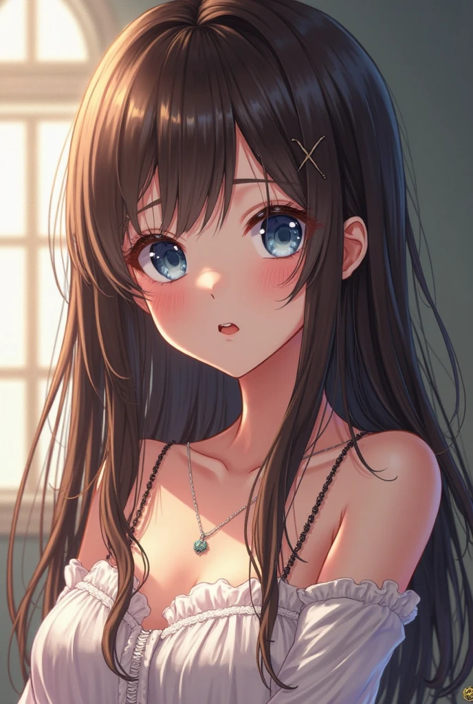 (in 8K、Raw photography、top-quality、​masterpiece:1.2)、Illustration Touch、ultra-detailliert、超A high resolution、1 girl in、dark brown  hair、azure eyes、耳?????? Ring、faces、Speciality、A smile、bare shoulders​