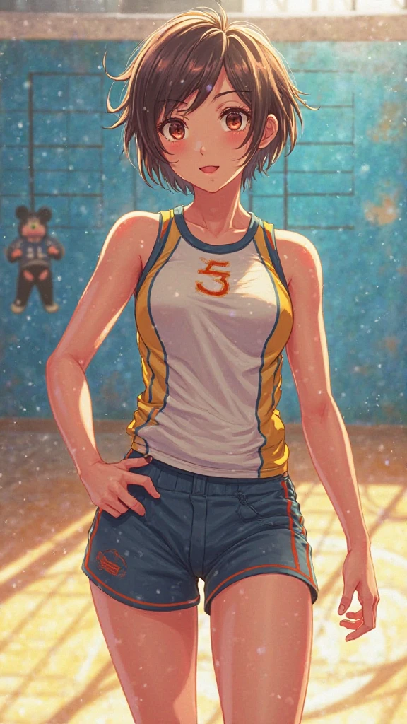 (masterpiece, 4k ,ultra detailed:1.2),(beautiful face:1.2),(anime:1.2),illustration,(solo:1.2),(looking at viewer:1.4),(supermodel:1.3),(volleyball athlete:1.4),(volleyball uniform:1.4),(bike shorts:1.4),(volleyball:1.5),(sweaty skin:1.3),(blue hair),(bangs pinned back:1.3),13yo,(very short hair:1.5),(white panties),(string,Chiseled abs,bouquet,child,large breasts,petite:1.1),(sfw,nipple,dress,sports bra:1.5),(cinematic angle),(full body:1.2),(Camel toe:1.3),(volleyball field:1.5)